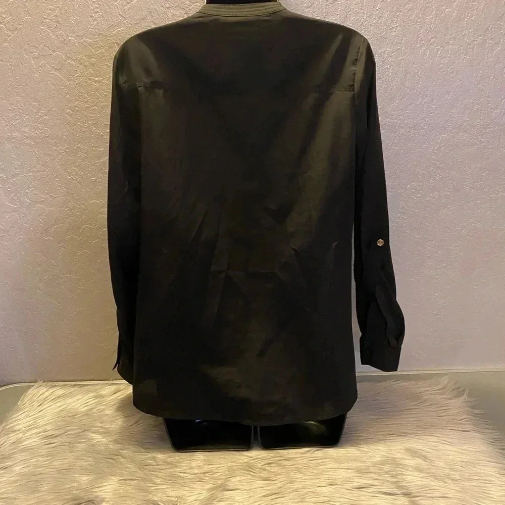 Michael Kors Women's Petite SM Black Utility Blouse Gold Button Long Sleeve Top
